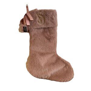 New VICTORIA'S SECRET Faux Fur Blush Pink Christmas Stocking Gold VS Bow Accents